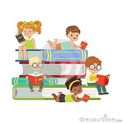 Cute boys and girls sitting on a pile of books and reading books, kids enjoying reading, colorful characters vector Vector Illustration