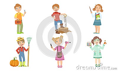 Cute Boys and Girls of Various Professions Set, Lumberjack, Teacher, Gardener, Farmer, Scientist Vector Illustration Vector Illustration