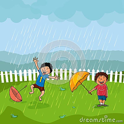 Cute boys in rain for Monsoon Season concept. Cartoon Illustration