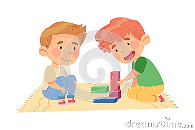Cute Boys Sitting on the Floor and Playing Construction Toy in Kindergarden Vector Illustration Vector Illustration