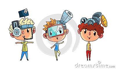 Cute Boys in Steampunk Headgear and Goggles Set, Scientist Children Doing Experiments Vector Illustration Isolated on Vector Illustration