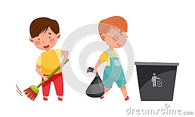 Cute boys sweeping floor and throwing garbage into trash can. Kids helping parents with housework, household chores Vector Illustration