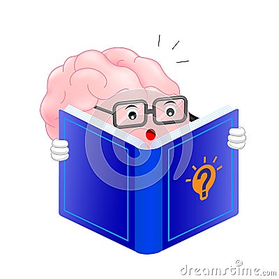 Cute brain cartoon character reading book. Vector Illustration