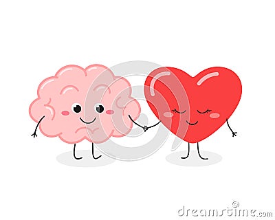 Cute brain and heart hand in hand Vector Illustration