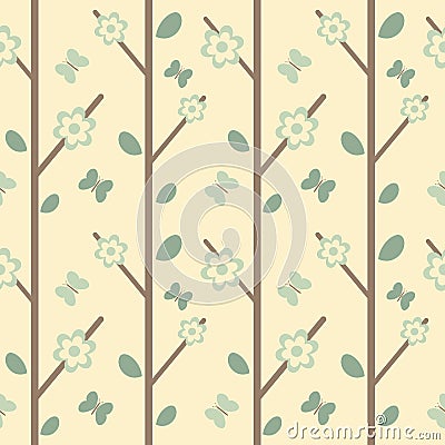 Cute branch with leaves flowers and butterflies seamless pattern background illustration Vector Illustration