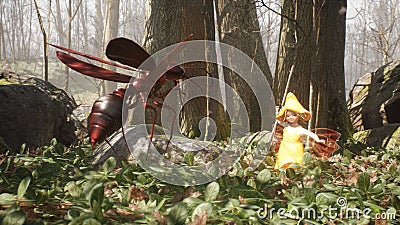 A cute brave elf fights with a magic elven sword with a terrible dangerous flying insect in a summer magic forest. Magic Stock Photo