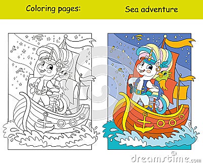 Cute brave unicorn sailor pirate coloring book vector Vector Illustration