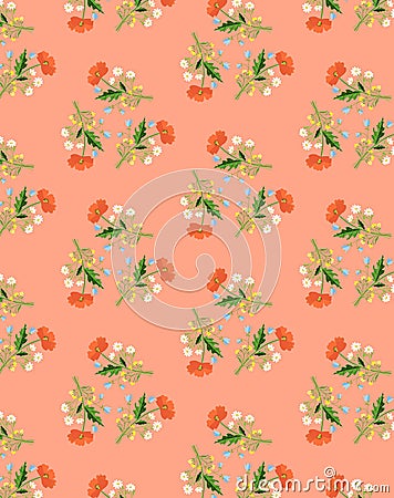 Cute bright botanical summer seamless pattern chamomiles, poppies, buttercups Stock Photo