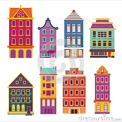 Cute bright cartoon flat house set. Vector bildings facades. Eur Vector Illustration