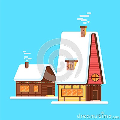 Cute bright cartoon house on winter. Vector winter village huts Vector Illustration