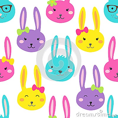 Cute bright Easter seamless pattern design with funny cartoon characters of bunnies Vector Illustration