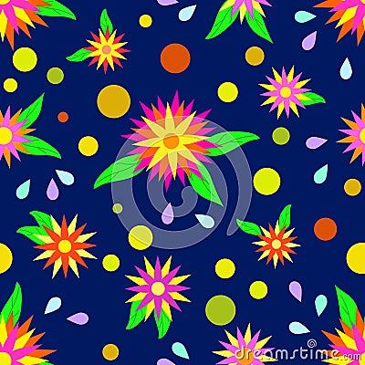 Cute, bright, Mexican floral seamless pattern for textile, plastic, ceramics, paper. Vector hand drawing on dark blue background Vector Illustration