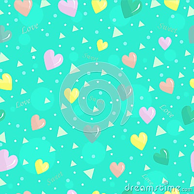 Cute bright seamless background with hearts colored triangles and inscriptions Vector Illustration