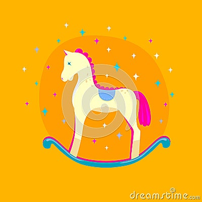 Cute bright vector rocking horse isolated on yellow background. Baby toy. Design element for logo, card, t-shirt print, invitation Vector Illustration