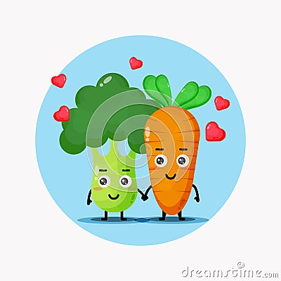 Cute broccoli and carrot holding hands Vector Illustration