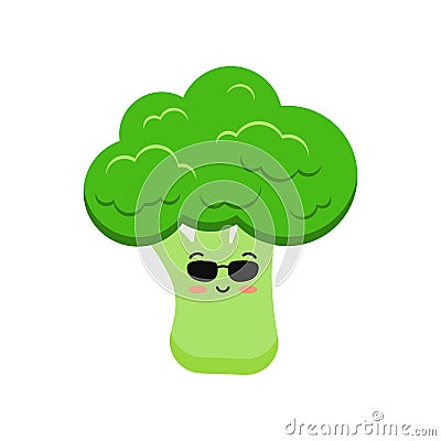 Cute broccoli vegetable in sunglases cartoon kids icon isolated on white background Vector Illustration