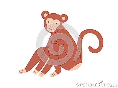 Cute brown baby monkey sitting and smiling. Childish funny animal character with friendly face and curved tail. Colored Vector Illustration