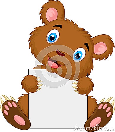 Cute brown bear cartoon holding blank sign Vector Illustration