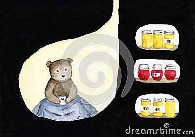 Cute brown bear cub character under warm plaid holding coffee mug and wintering in cave. Stock Photo