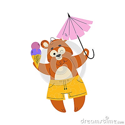 Cute Brown Bear Tourist with Ice Cream and Parasol Having Summer Resort Vacation Vector Illustration Vector Illustration