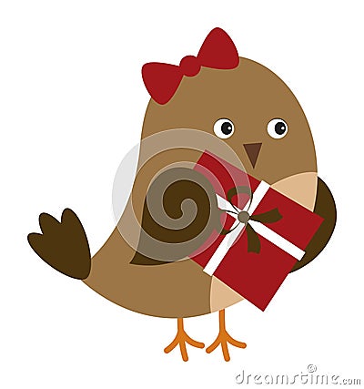 Cute Brown Bird with Bow Holding Christmas Gift Box. Vector Cute Christmas Bird Vector Illustration