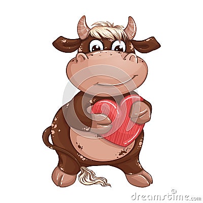 A cute brown boy bull holding a red heart. Vector Illustration