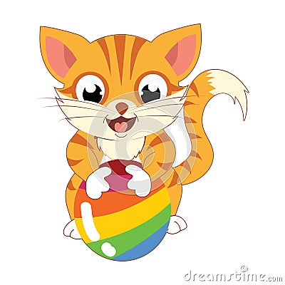 Cute Brown Cat Playing Ball Vector Illustration