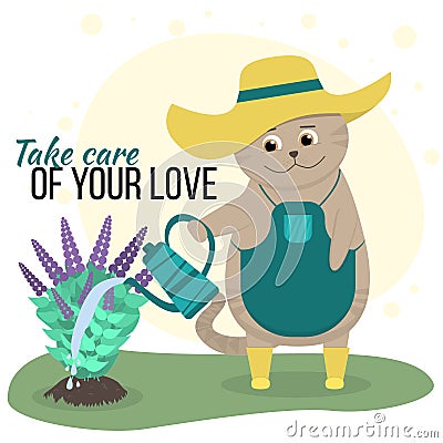 Cute brown fold cat watering flowers. The cat has planted flowers and is taking care of the catnip. Spring or summer chores in the Vector Illustration