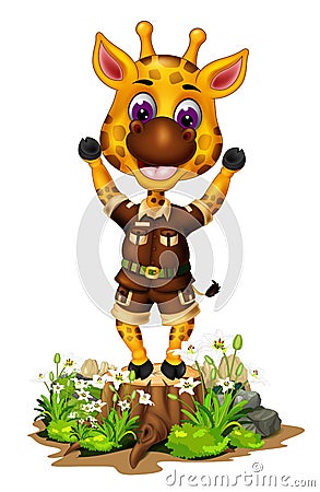 Cute Brown Giraffe in Brown Uniform With Wood Tree, Flower, And Rocks Cartoon Stock Photo