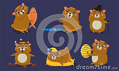 Cute Brown Guinea Pig Character Set, Funny Humanized Cavy Anima in Different Situations Vector Illustration Vector Illustration