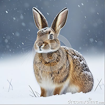 Cute brown hare (Lepus europaeus) standing in snow Stock Photo