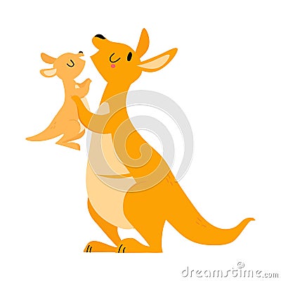 Cute Brown Kangaroo Marsupial Character with Joey Holding with Paws Vector Illustration Vector Illustration