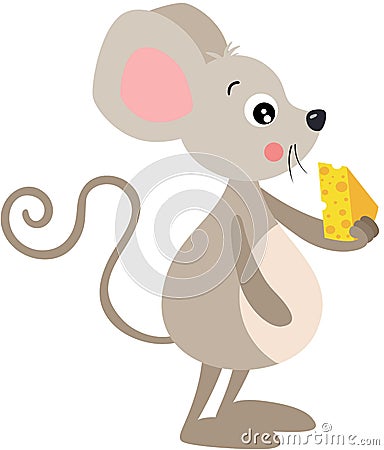 Cute brown mouse eating cheese Vector Illustration