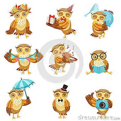 Cute Brown Owl Everyday Activities Icon Set Vector Illustration