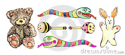 Cute brown plush teddy bear with scarf, white handmade rabbit, funny snakes rainbow colors, Beanbags beetles set, bee and ladybug Cartoon Illustration