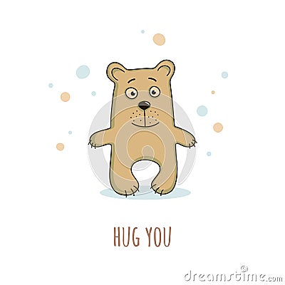 Cute brown teddy bear in a cartoon style and text hug you. Vector illustration. Vector Illustration