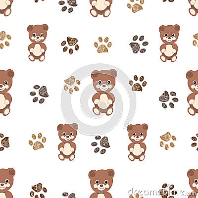 Cute brown teddy bears with foot print. Seamless children pattern Vector Illustration