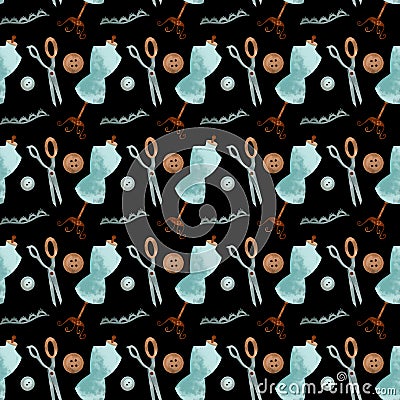 Cute brown, turquoise mannequin, scissors, buttons on a black background. Textural seamless square pattern. Print for fabrics, car Stock Photo