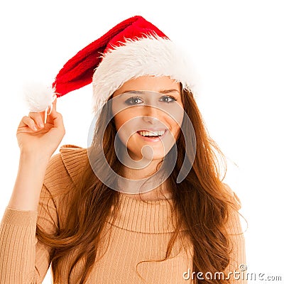 Cute brunete girl in santa claus dress with presents for christmas Stock Photo