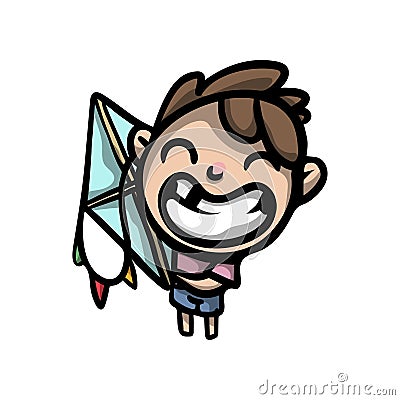 Cute brunette boy kid smiling big mouth with kite Vector Illustration