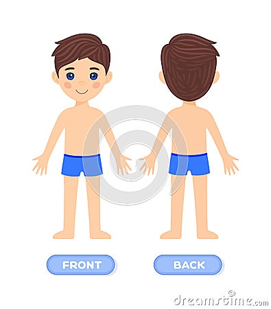 Cute Brunette Boy in Underwear. Front and Back View. A Small Male Character in Swimming Trunks. Preschooler Stands and Smiles. Vector Illustration