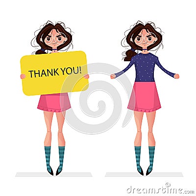 Cute brunette girl holding blank board banner thank you in hands Vector Illustration