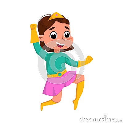 Cute Brunette Girl Playing Superhero Wearing Colorful Costume, Adorable Kid Superhero Character Cartoon Style Vector Vector Illustration