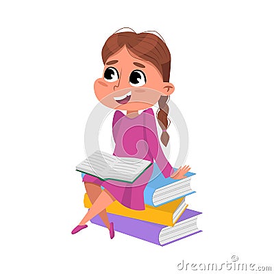 Cute Brunette Girl Sitting on Pile of Books, Preschooler Kid or Elementary School Student Enjoying Literature Cartoon Vector Illustration