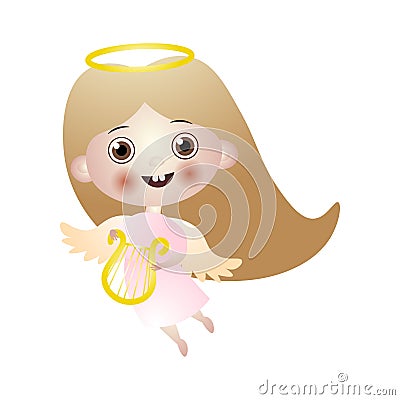 Cute brunette kid angel with gold harp and wings Vector Illustration