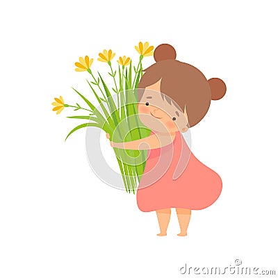 Cute Brunette Little Girl with Bouquet of Meadow Flowers, Adorable Little Kid Cartoon Character Playing Outside Vector Vector Illustration