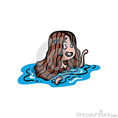 Cute brunette long hair girl is swimming in sea Vector Illustration