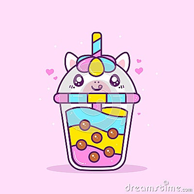 Cute bubble tea with head unicorn lid Vector Illustration