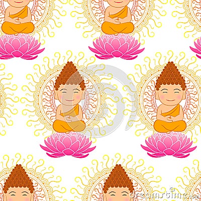Cute Buddha seamless pattern with Colorful Mandala background Vector Illustration