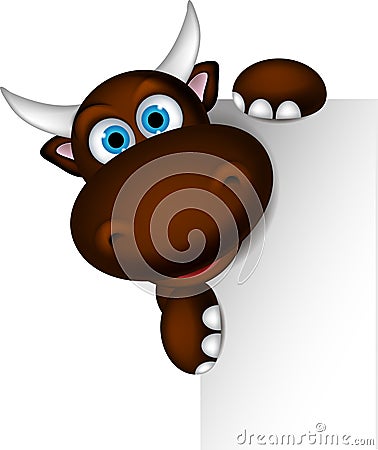 Cute buffalo cartoon posing with blank sign Stock Photo